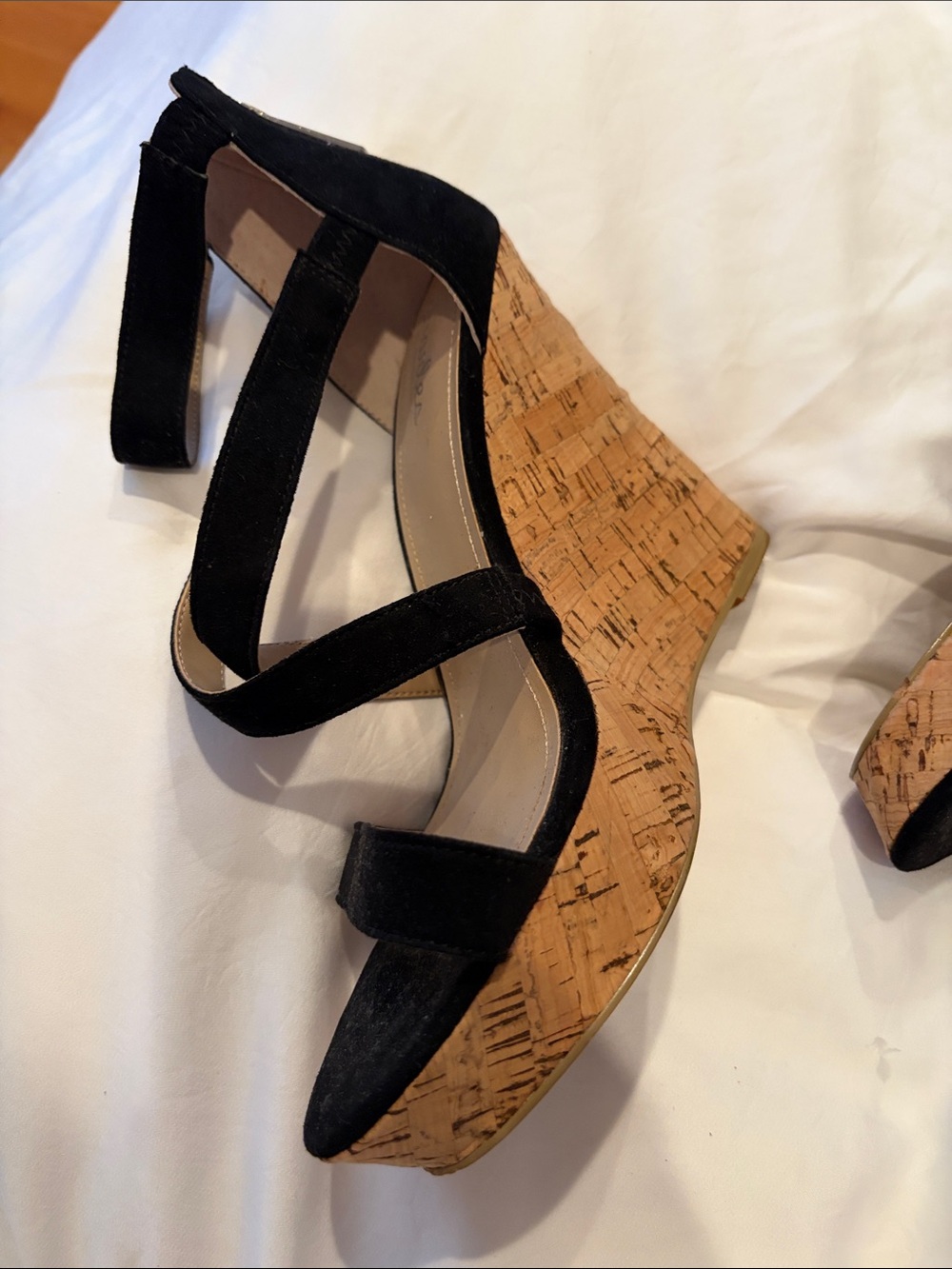 Charles David Black Suede Strappy Cork Wedge Sandals